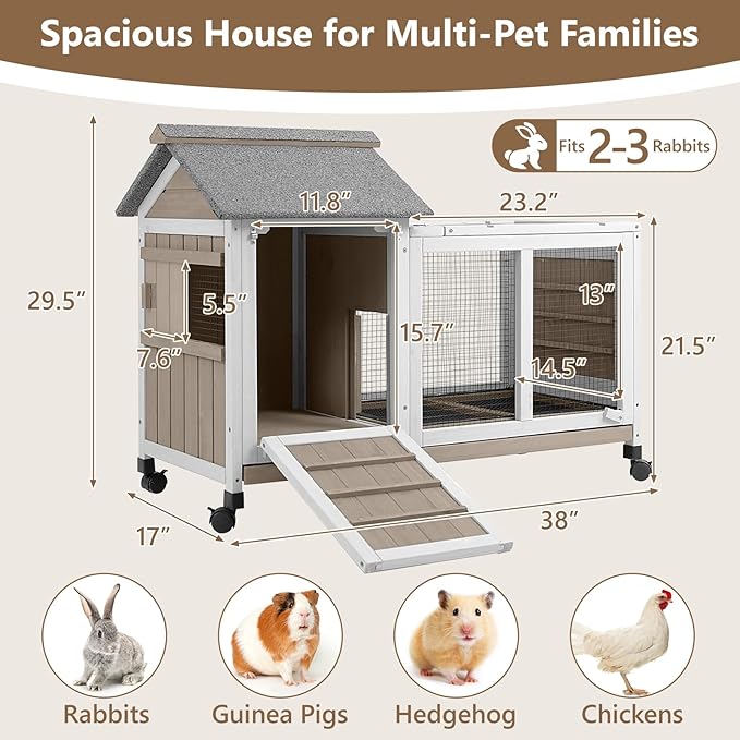 38''L Rabbit Hutch Outdoor Indoor with Wheels, Wooden Expandable 2 Story Bunny House Rabbit Cage with Run, Waterproof Roof, Pull Out Tray, Guinea Pig Cage Chicken Coop for Small to Medium Pets
