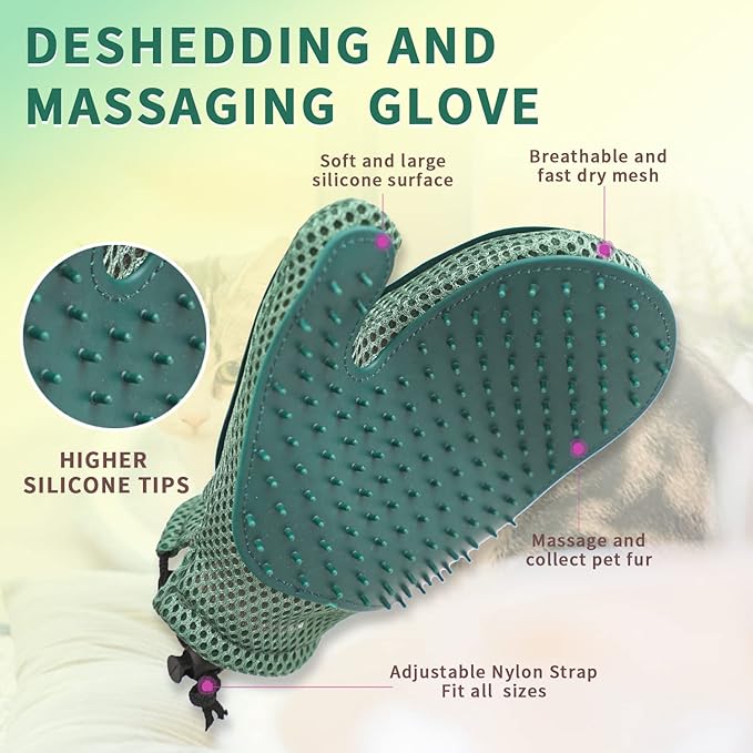 2 in 1 Pet Fur Glove & Cat Hair Remover Glove, Dog Grooming Glove Brush for Shedding, Massage, Efficient Pet Hair Remover Mitt for Uproot Cleaner Clothes, Couch, Carpet [Blue/Pair]