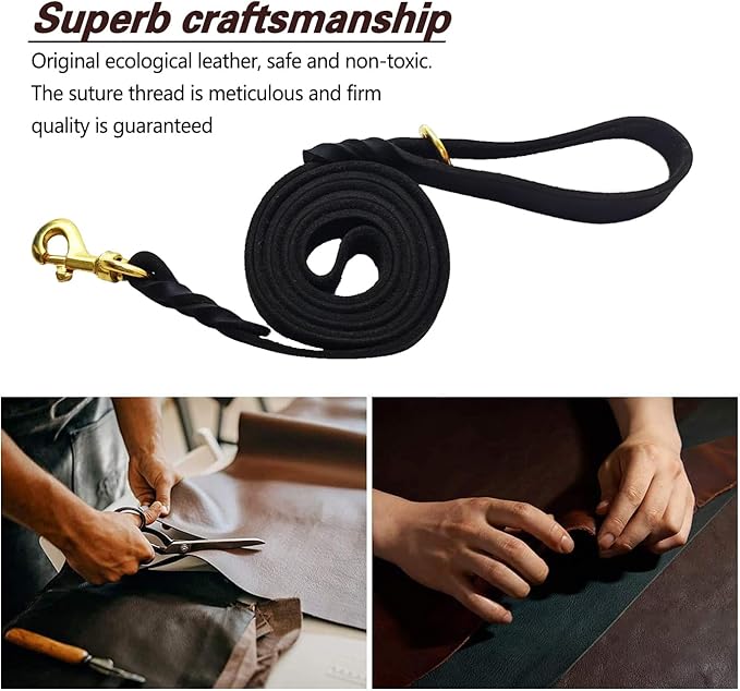 LWBMG Black Leather Dog Leash 6ft x 5/8", Heavy Duty Dog Leash, Strong Sturdy Genuine Leather Dog Leash, Soft Braided Leather Leash for Large, Medium and Small Dogs Training