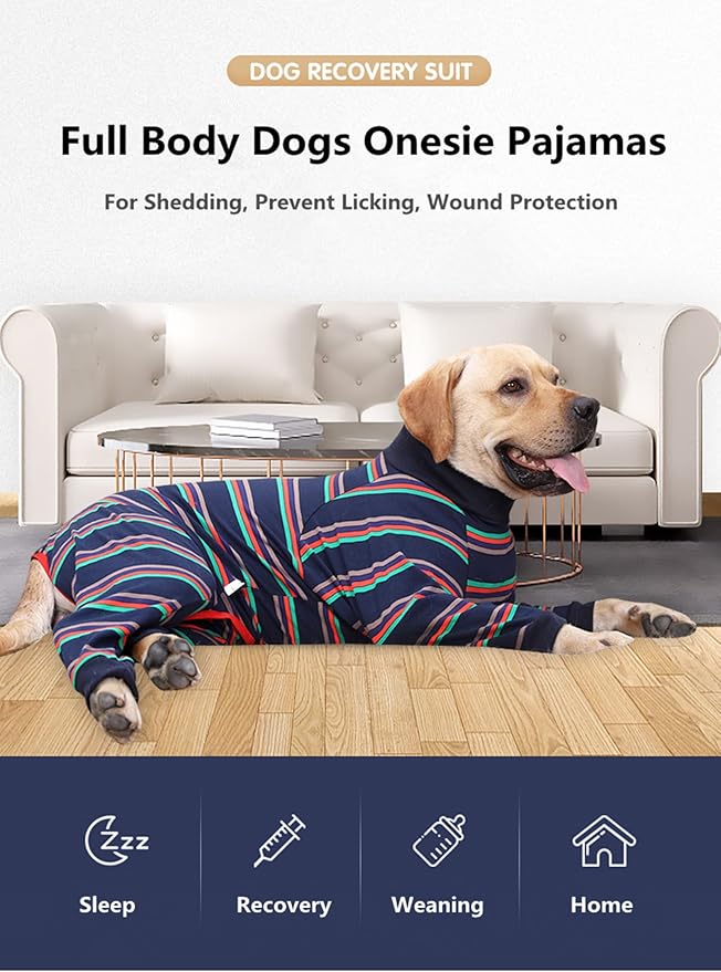 Dog Recovery Suit, Abdominal Wound After Surgery Wear, Prevent Licking Wounds, E-Collar & Cone Alternatives, Long Sleeve Postoperative Shirts Dog Pajamas Prevent Shedding(Large, Blue)