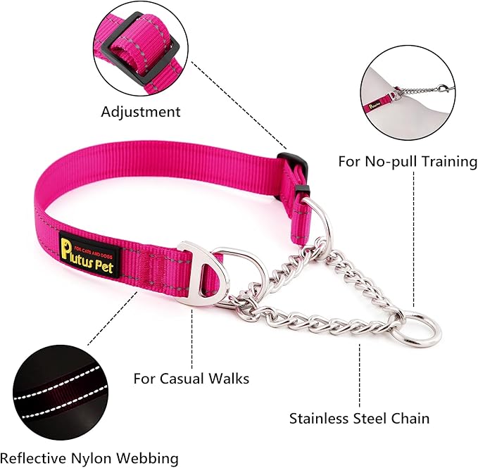 Plutus Pet Martingale Dog Collar with Stainless Steel Chain and Reflective Nylon, Adjustable No Pull Training Collar, for Small Medium, and Large Dogs, Hot Pink, S