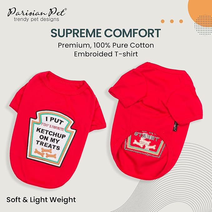 Parisian Pet Dog Shirt - Embroidered “I Put Ketchup on My Treats“ - 100% Cotton and Polyester Dog Clothes - Sleeved, Lightweight Costume for Dogs - Red Dog Shirts for Large Dogs - Pet Costumes - L