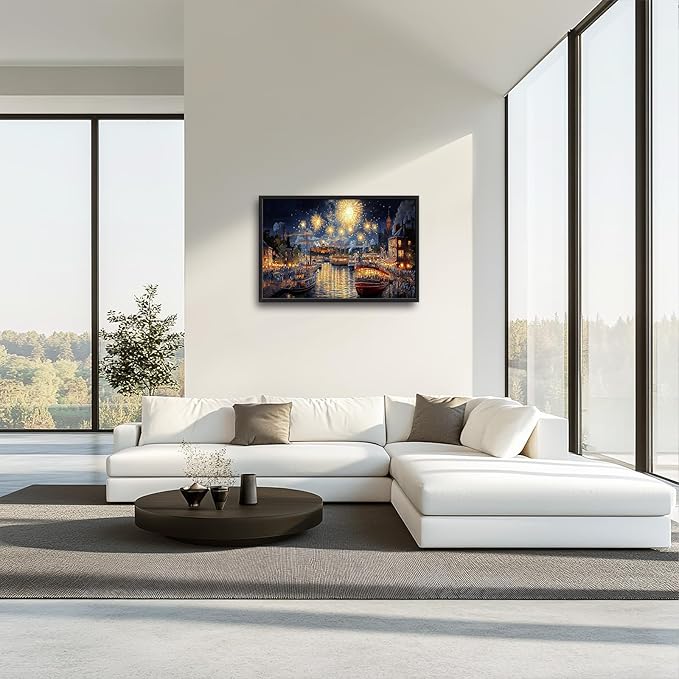 Framed Large Firework Night Sky Wall Art, Oversized European City Landscape Wall Decor for Living Room, River Boats Canvas Pictures Home Decoration for Living Room Bedroom Office 36"x24"