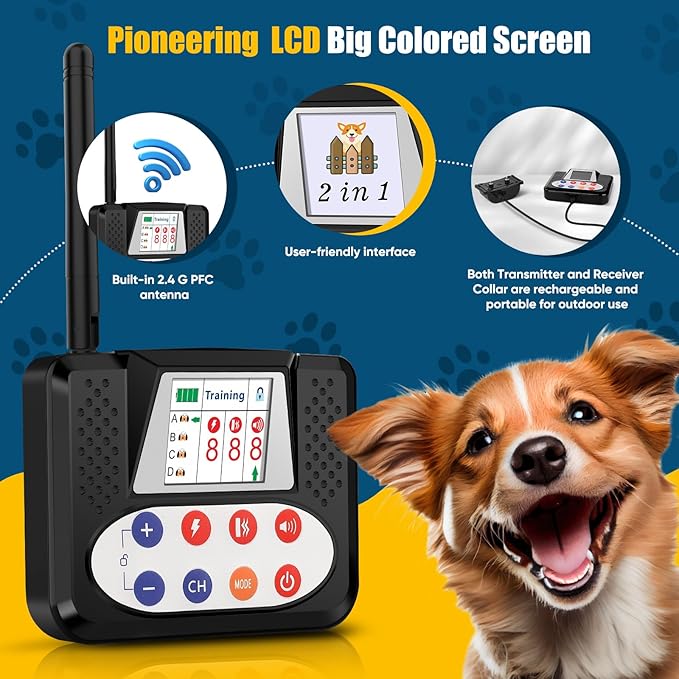 Wireless Dog Fence System, Electric Fence for Dogs with Big LCD Color Screen, Portable Wireless Pet with Remote Training Collar, Dog Perimeter, Adjustable Collar for Big Medium Small Dogs