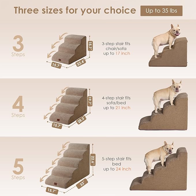 EHEYCIGA Curved Dog Stairs Ramp for Small Dogs 15.7" H, 3-Step Dog Steps for Couch Sofa and Chair, Pet Stairs for Cats, Non-Slip Balanced Pet Steps Indoor, Camel