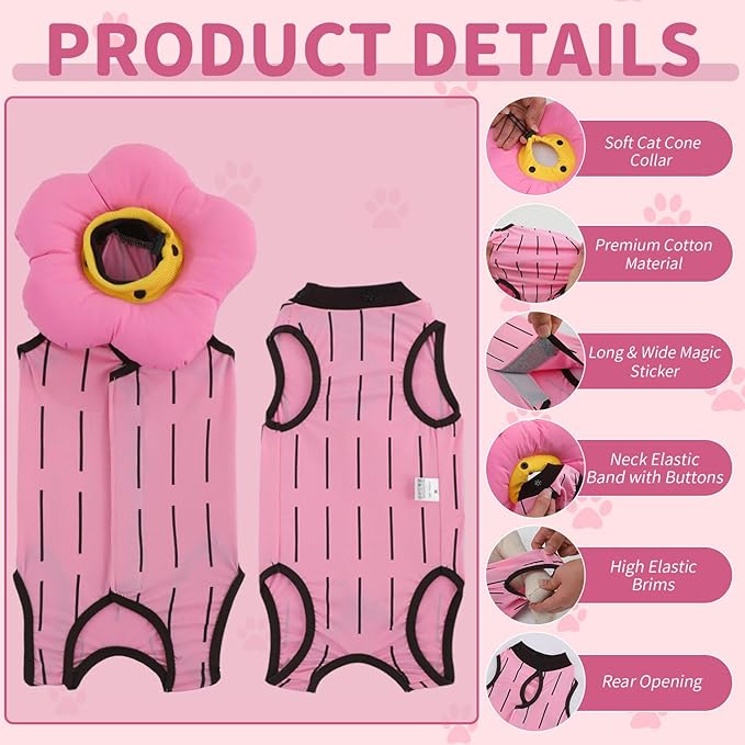 EMUST 2PCS Cat Recovery Suit and Cone Collar - Female, Breathable Cotton, Adjustable Soft E Collar Alternative for Cats 8-16lb (Pink, L)