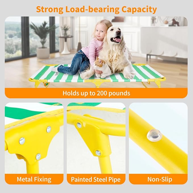 Dog Elevated Bed Foldable Portable Raised Bed Camping cot Outdoor Summer Dog Bed (Large, GreenStripes-Oxford Fabric)