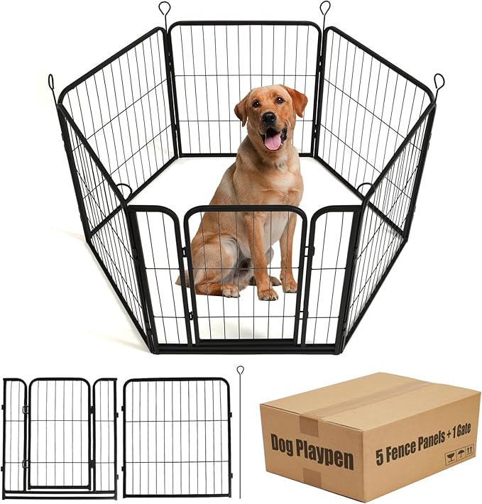 Dog Playpen,24 32 40 48 in(H) Pet Fence Outdoor for Rv Camping,Garden Fence Small Animal Barrie for Yard,11Ft(L)-56Ft(L) Black Metal Temporary Fencing