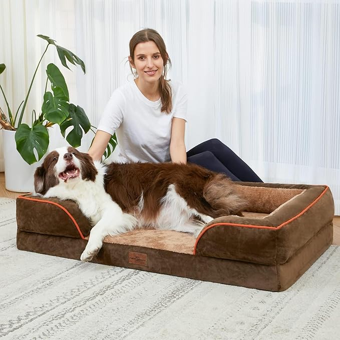 Comfort Expression Large Dog Beds Waterproof Orthopedic Foam Dog Sofa Beds Comfy Pet Bed with Washable Removable Cover & Non-Slip Bottom(Large,Brown)