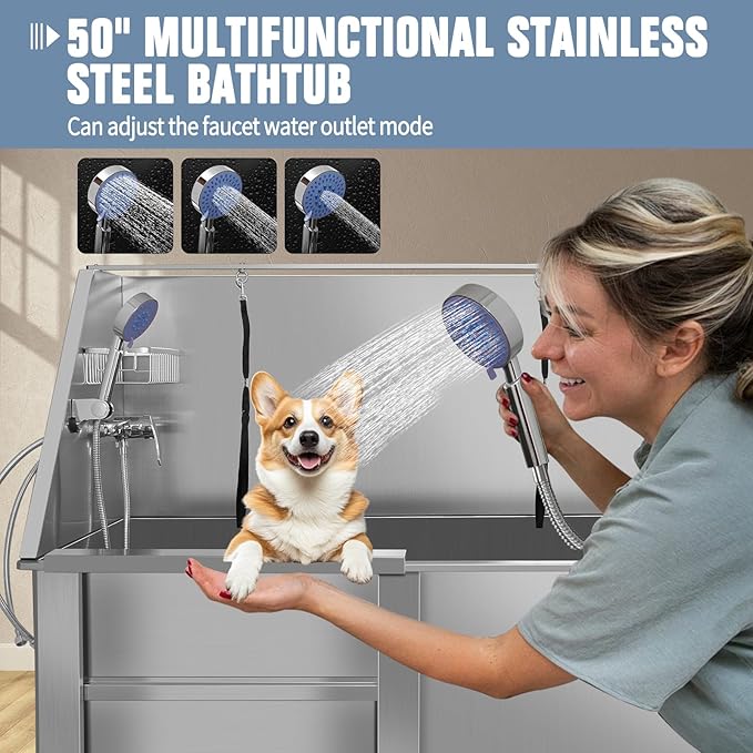 Dog Washing Station 38'' Stainless Steel Pet Grooming Tub for Large Dogs Over-Size Professional Dog Grooming Bathtub Station Wash Shower Sink Pet Grooming Bathtub Station