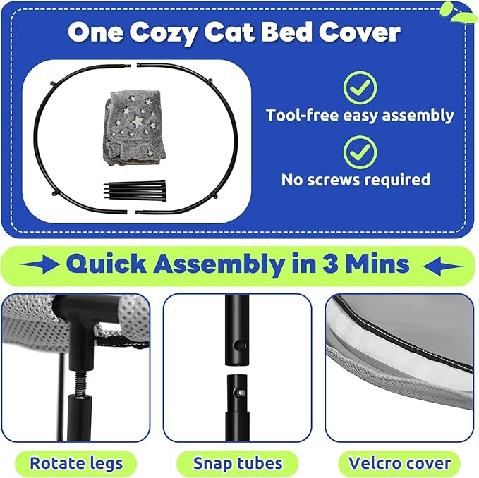 Elevated Cat Bed, Glow-in-The-Dark Fabric Cat Hammock Bed for Large Indoor Cats, Machine Washable & Breathable Cover, Tool Free Easy Assembly, up to 66Lbs (Gray, L)