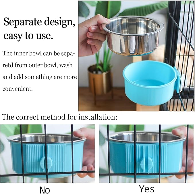 kathson Crate Dog Bowl, Removable Stainless Steel Hanging Pet Cage Bowl Food & Water Feeder Coop Cup for Cat, Puppy, Birds, Rats, Guinea Pigs 4pcs Large(2×Blue,1×Pink,1×Green)