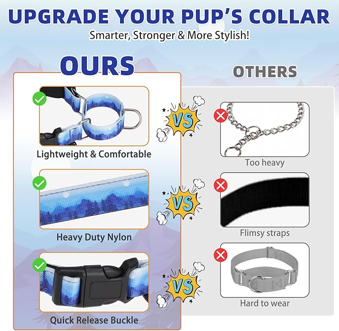 KOOLTAIL Martingale Collar for Dogs,Soft Padded Nylon Heavy Duty Dog Collar for Small Medium Large Dogs,Adjustable No Pull Durable Wide Puppy Training Collar With Pattern Design for Boys Girls, Blue M