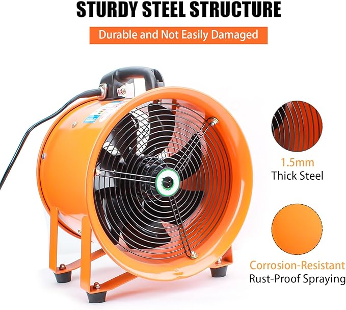 10-Inch High-Velocity Portable Utility Blower Fan, Industrial Exhaust Fan with 16.4ft Flexible Duct Hose, 3150 RPM Low-Noise Ventilator for Basements, Workshops, Warehouses, and Confined Spaces