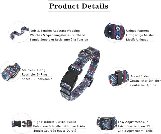 HEELE Dog Collar, Adjustable Soft Dog Collar for Small Medium Large Dogs,Bohemia Patterned Puppy Collars with Quick Release Buckle S Length 9.84''-14.96'