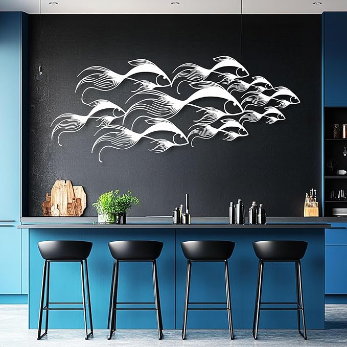 School of Fish Metal Wall Art, Metal Fish Wall Decor, Sea Life Wall Art, Large Nautical Wall Hanging, Modern Beach House Wall Decor, Ocean Themed Artwork for Bathroom (Silver, 35"x15" | 90x38cm)