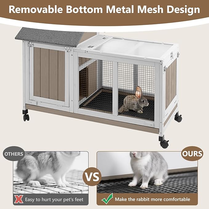 76''L Rabbit Hutch Outdoor Indoor with Wheels, Wooden 2 Story Bunny House Rabbit Cage with Run, Waterproof Roof, Pull Out Tray, Guinea Pig Cage Chicken Coop for Small to Medium Pets
