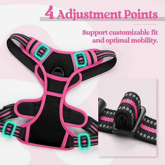 rabbitgoo Dog Harness No Pull with 2 Leash Clips, Adjustable Soft Padded, Reflective Oxford No Choke Pet Vest with Easy Control Handle for Large Dogs, Black & Hot Pink, L