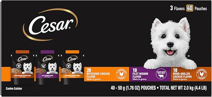 Cesar Filets in Gravy Wet Dog Food Filet Mignon Flavor, Rotisserie Chicken Flavor, and Wood-Grilled Chicken Flavor Variety Pack, 1.76 oz. Mini-Pouches (40 Count, Pack of 1)