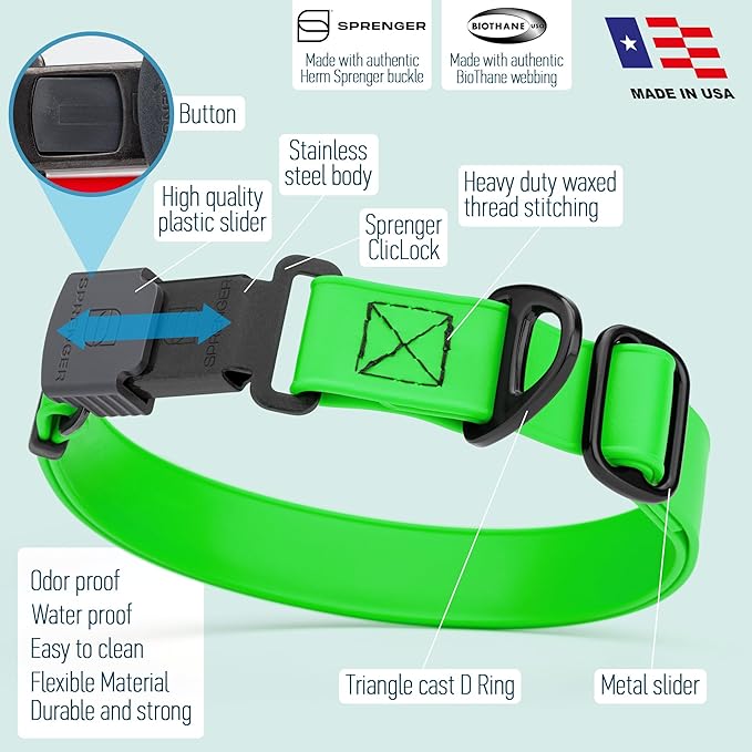 Dogline Biothane Waterproof Dog Collar with Herm Sprenger Stainless Steel Quick Release Buckle – Heavy Duty Tactical Durable Collar for Dogs – Comfortable and Safe Pet Collar, W 1" L 15-25", Green