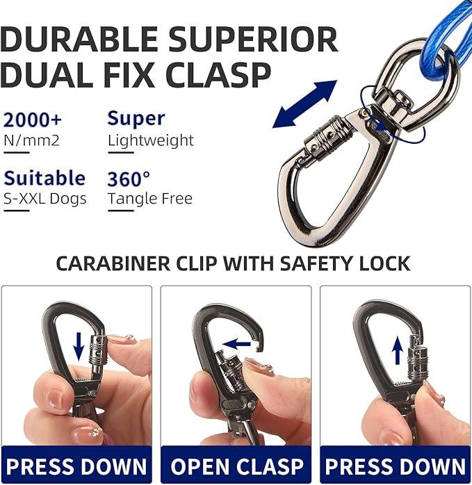Dog tie Out Cable, 10/20/25/30/50/70/100 feet, Suitable for Dogs up to 350 pounds, Dog Cable with Swivel Buckle, Lightweight, Non-Winding, for Outdoor Camping, Yard Dog Cable (Blue, 30FT)