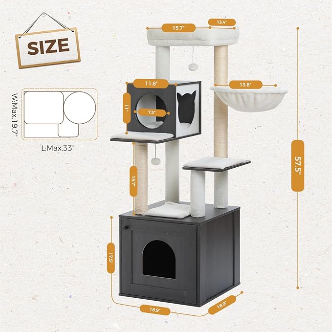 PEQULTI 57.5" Cat Tree with Litter Box Enclosure Large, Wood Cat Tower for Indoor Cats with Storage Cabinet and Cozy Cat Condo, Sisal Covered Scratching Post and Repalcable Dangling Balls, Black