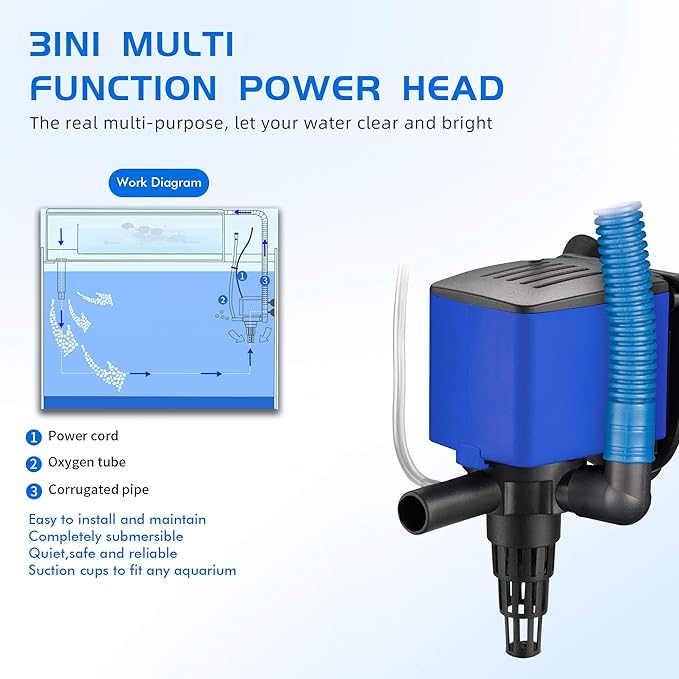 Water Pump 475 GPH Submersible Internal Aquarium Powerhead Water Pump Ultra Quiet for Aquarium,Fish Tank -3 Pack