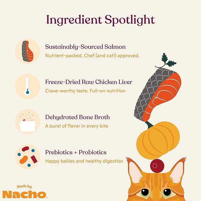 Made by Nacho Dry Cat Kibble 4lb Bag, High Protein Premium Cat Food with Freeze Dried Pieces, Sustainably-Caught Salmon, Whitefish & Pumpkin, Limited Ingredients, Single Bag