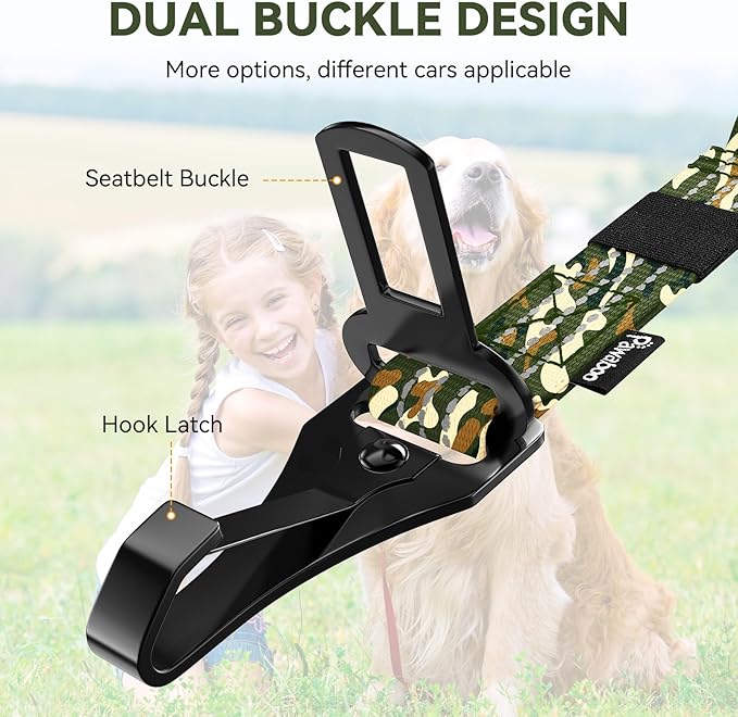Pawaboo 2Pack Dog Seatbelt for Car, Dog Car Seat Belt Bungee, Dogs Tether with Buckle & Hook Latch, Adjustable Reflective Dogs Cars Harness Leash with 360° Lockable Buckle, Army Green Camouflage