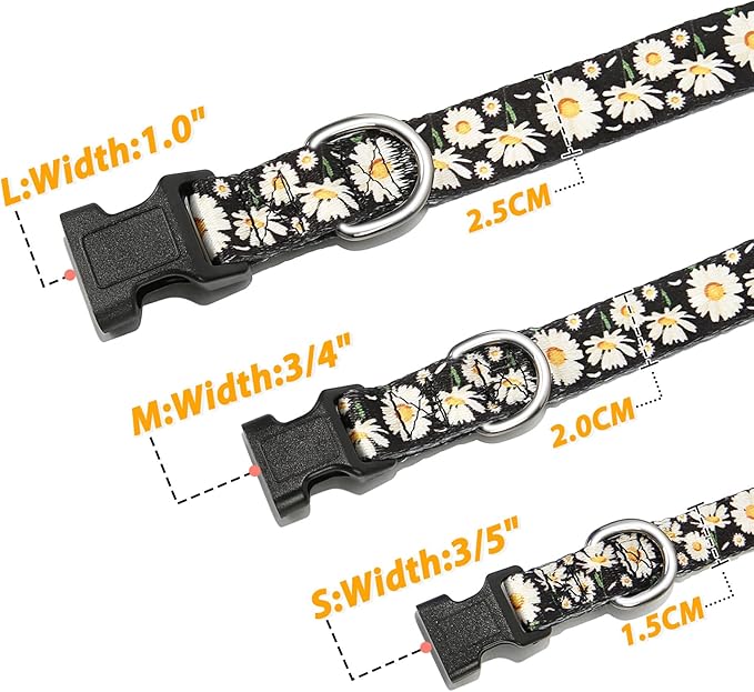 HEELE Dog Collar, Adjustable Soft Dog Collar for Small Medium Large Dogs,Daisy Floral Patterned Puppy Collars with Quick Release Buckle Daisy Black S Length 9.84''-14.96'