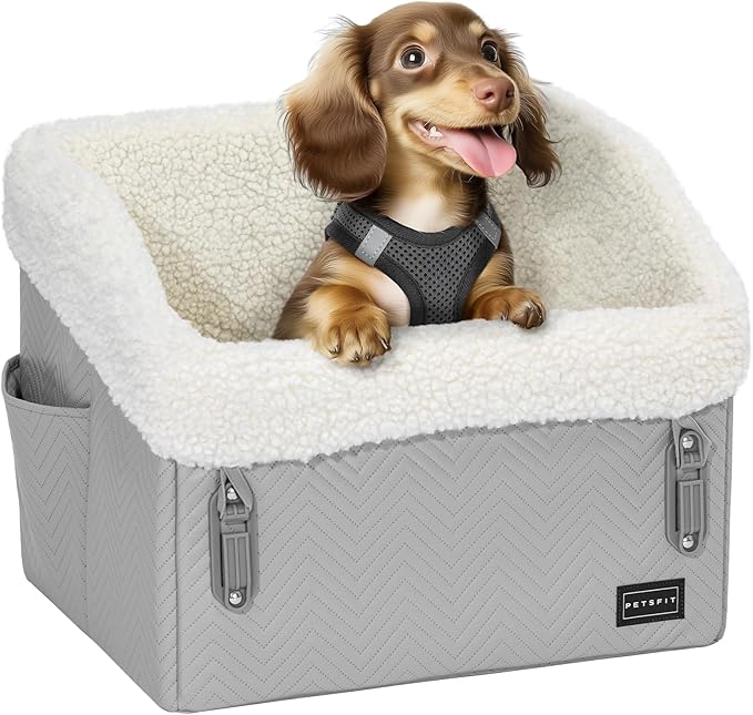 PETSFIT Small Dog Car Seat, Waterproof PU Leather Dog Booster Car Seat with Patented Safe Buckles, Pet Carseat for Medium or Small Sized Pets up to 30 lbs (Grey)