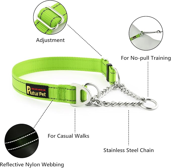 Plutus Pet Martingale Dog Collar with Stainless Steel Chain and Reflective Nylon, Adjustable No Pull Training Collar, for Small Medium, and Large Dogs, Lime Green, M