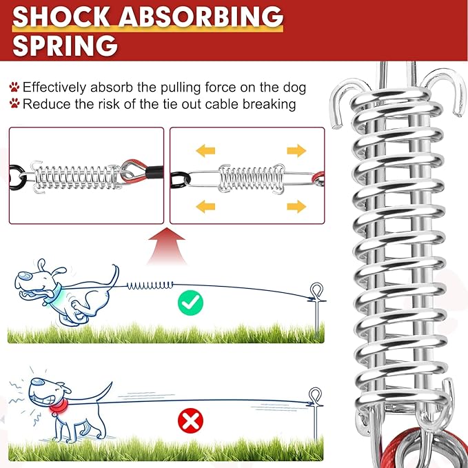 Snagle Paw Dog Tie Out Cable 15FT,Heavy Duty Dog Leads for Yard with Shock Absorbing Spring & Swivel Hook,Leash Cable for Outdoor Camping,Dog Line for Small Large Dogs,withstand 1000LBS Break Strength