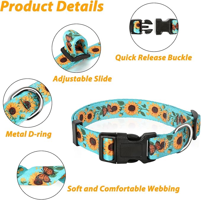 HEELE Dog Collar, Adjustable Soft Dog Collar for Small Medium Large Dogs,Sunflower Floral Patterned Puppy Collars with Quick Release Buckle Sunflower Green S Length 9.84''-14.96'