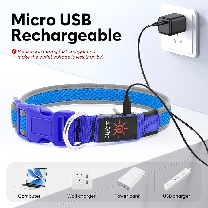 Flashseen LED Dog Collar, Light Up Dog Collar USB Rechargeable, Brightest Dog Lights for Night Walking, Adjustable Dog Collar Light for Dog Safety (Large, Royal Blue)