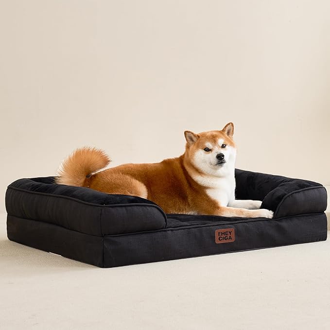 EHEYCIGA Orthopedic Dog Beds for Large Dogs, Waterproof Memory Foam Large Pet Bed with Sides, Non-Slip Bottom and Egg-Crate Foam Dog Couch Bed with Washable Removable Cover, Black