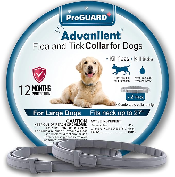 Flea Collar for Dogs, Flea and Tick Prevention for Dogs Collar, Dog Flea and Tick Treatment, 2 Collars, 12 Months Prevention, One Size Fits All
