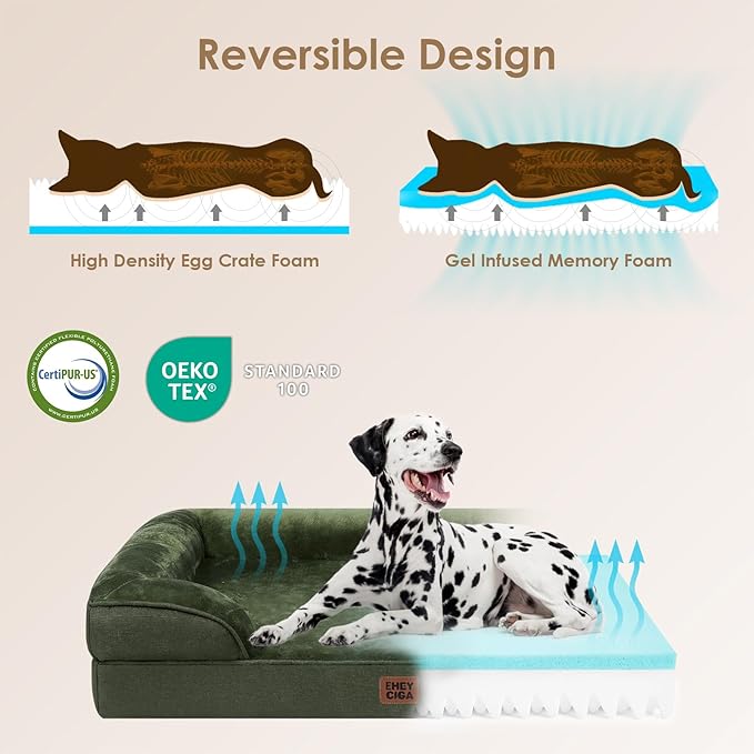 EHEYCIGA Orthopedic Dog Beds for Extra Large Dogs, Waterproof Memory Foam XL Pet Bed with Sides, Non-Slip Bottom and Egg-Crate Foam Big Dog Couch Bed with Washable Removable Cover, Dark Green