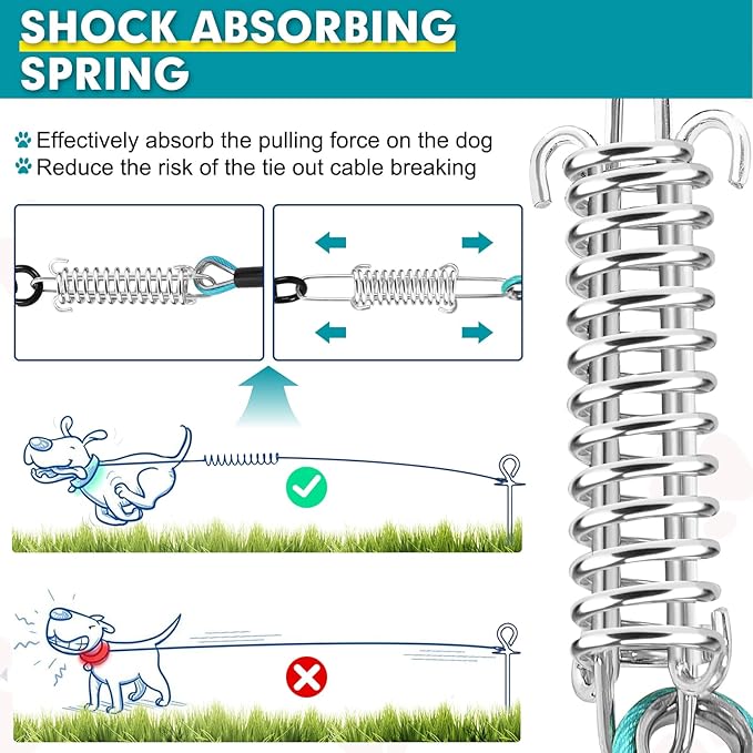 Snagle Paw Dog Lead Cable 20FT,Heavy Duty Outside Dog Leash Cable with Shock Absorbing Spring & Swivel Hook,Dog Tether for Yard,Dog Line for Small Large Dogs,Withstand 1000LBS Break Strength