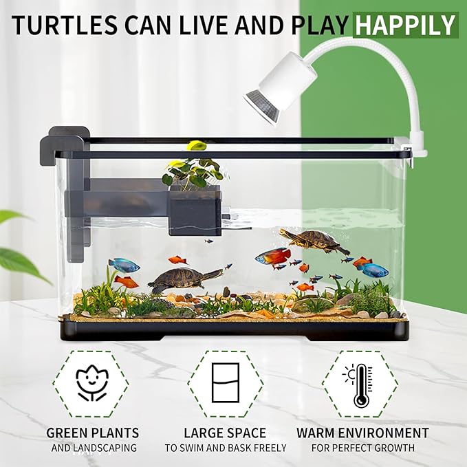 (Tank + Light + Filter Balls) Turtle Tank Kit, Turtle Tank Starter Kit,Bottom Drainage, Multi-Function Areas for Turtles, Crabs,Fishes, Amphibians,Reptiles. (11.81 × 7.88 × 7.88 Inch)