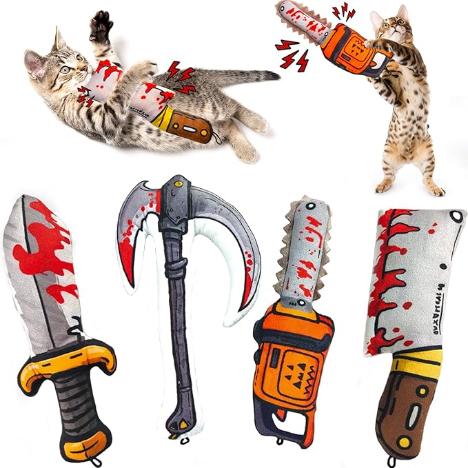 Cat Toys [8000mg Premium Catnip] Cartoon Colorful Style Horror Funny Knife Catnip Cat Toys Durable Rattle Sound Toy for All Cat Breeds Indoor Interactive Kitten Toys Get Bored Cats Active 4 PCS