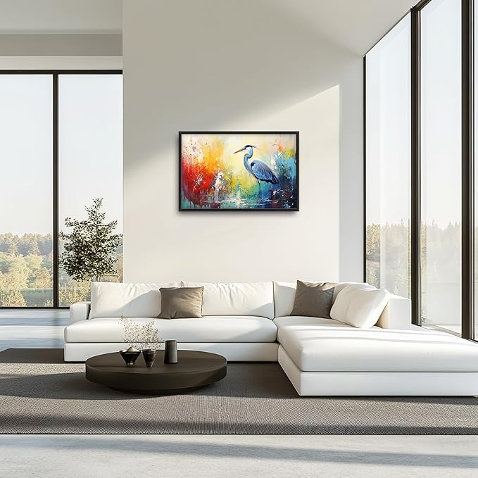 Extra Large Framed Abstract Heron Wall Art,Oversized Colorful Graffiti Heron Wall Decor Pictures for Living Room,Canvas Print Painting Modern Artwork Bedroom Office Bathroom Home Decor 36L x 24W