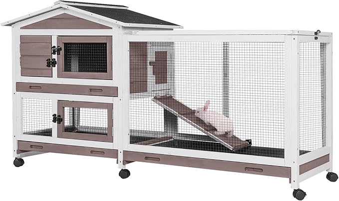GUTINNEEN Rabbit Hutch with Chew-Resistant Ramp Indoor Bunny Cage Outdoor Guinea Pig Cage with Wheels and Leakproof Tray