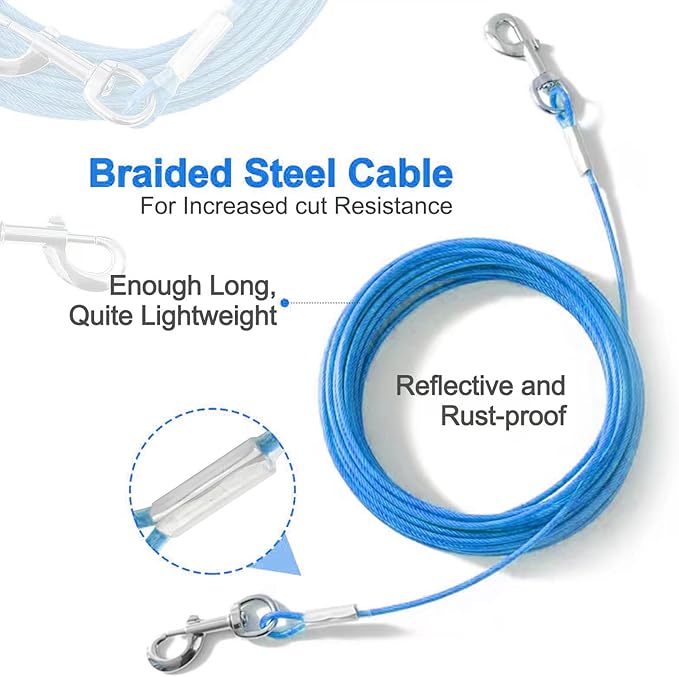 Tie Out Cable for Dogs,20FT Dog Leads,Heavy Duty Tie Out Cable for Large Dogs Up to 125lbs,Durable Dog Runner Tether Line for Outdoor,Yard