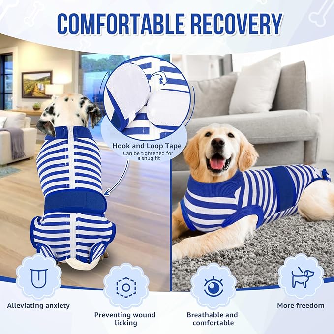 Lukovee Recovery Suit for Dogs, Zipper On Recovery Suit for Female Male Dog, Onesie Abdominal Wounds Cone E-Collar Alternative Prevent Licking Spay Recovery Suit (Medium, Blue & White)
