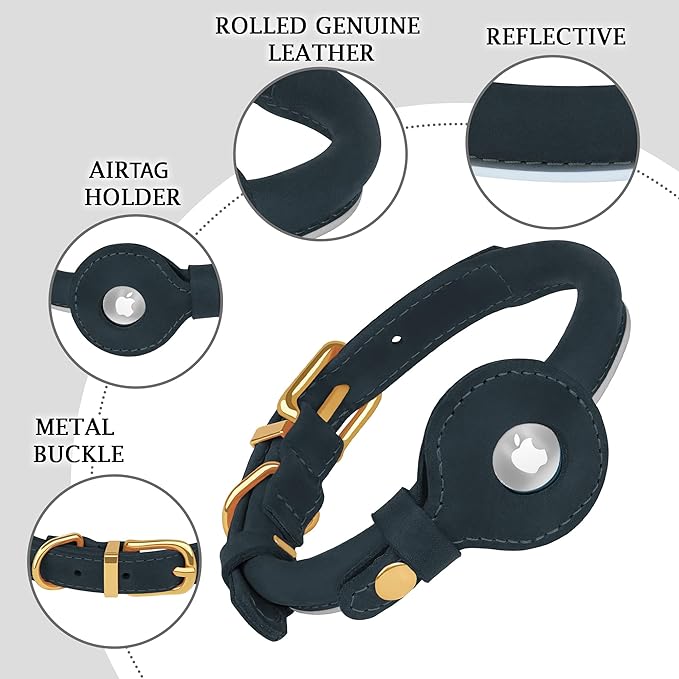 OOPSDOGGY Rolled Leather Dog Collar with Airtag Holder - Reflective Round Airtag Dog Collar - Soft Tracking Pet Collar for Small Dogs Puppy Cats Kitten (Denim, XS, 8"-11")