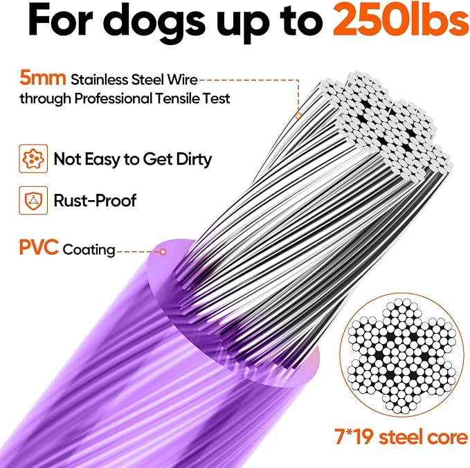 Tresbro 15FT Reflective Tie Out Cable for Dogs Up to 250 Pounds, Steel Wire Lead Leash Cable with Stainless Rotatable Buckle, Lightweight and Enduring, Dog Chains Outside for Outdoor, Yard, Purple