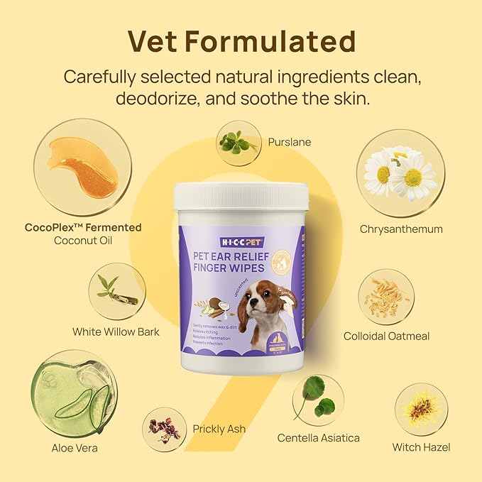 HICC PET Dog Ear Wipes Finger 100 Count Dog Ear Cleaner Wipes for Dogs & Cats, Dog Ear Infection Treatment to Relieve Ear Itching & Inflammation, Remove Ear Wax, Dirt, Smelly - Unscented