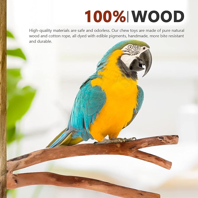 2pcs Bird Parrot Perch Stand Poles, Natural Wooden Parrot Perch for Cage, Branches Fork Rod for Small Parakeets Cockatiels Conure Lovebirds Bird Cage Accessories