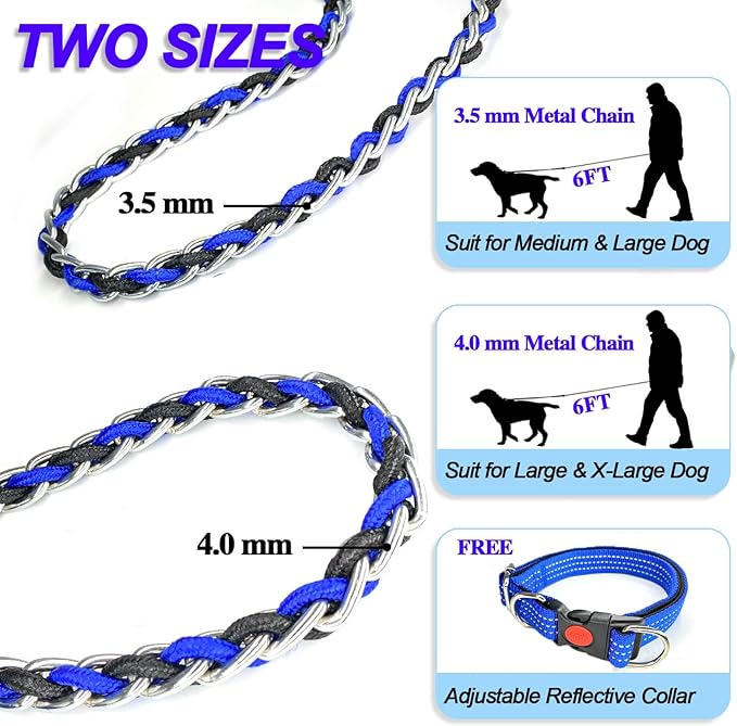 Dog Leash Rope Chain, Nylon Rope Metal Chain for Pet Leads. 6ft Heavy Duty Chew Proof Training Walking for Medium Large Dogs. (Medium, Blue&Black)